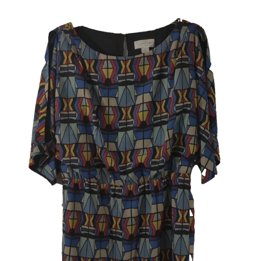 Jessica Simpson Dolman Slit Sleeve Multi Print  Crepe De Chine Blouson Dress NWT - Picture 3 of 8